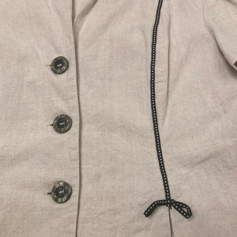 Vintage Linen Blend Boho Button Up Top, Bows, Cream, Scalloped Hem, Women’s 10P - Picture 5 of 9